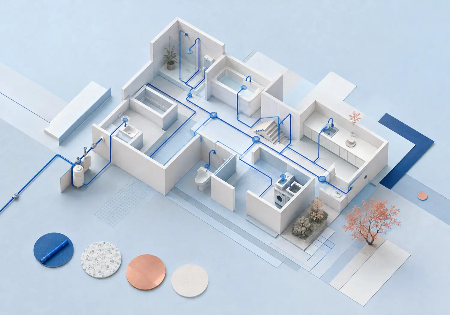 Vivienda axonométrica de papel con el recorrido azul de las tuberías visible entre cocina y baños